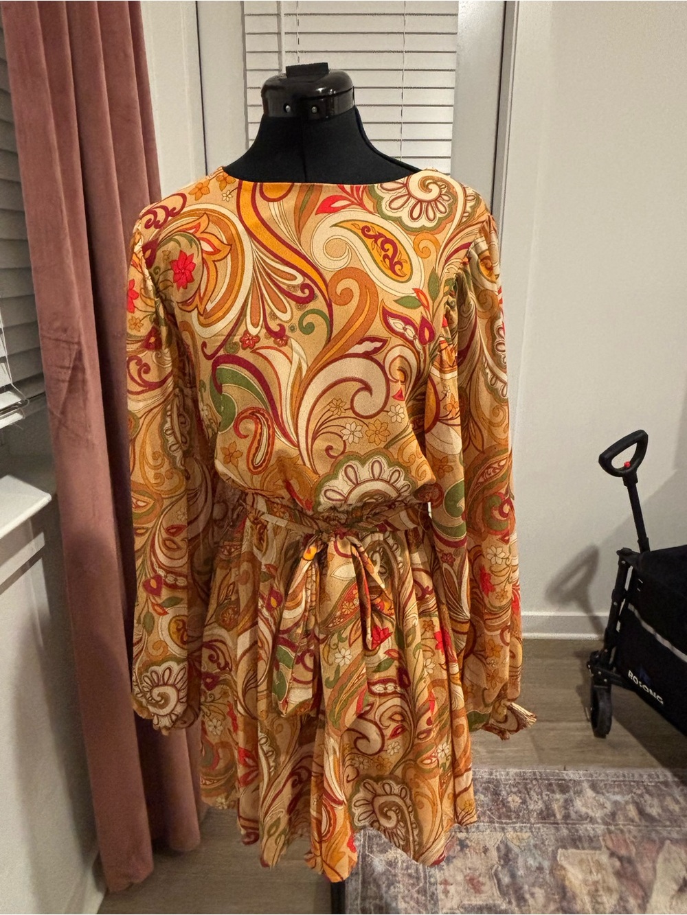 Flying Tomato Paisley Tie-Waist Long Sleeve Dress in Mustard and Green Accents